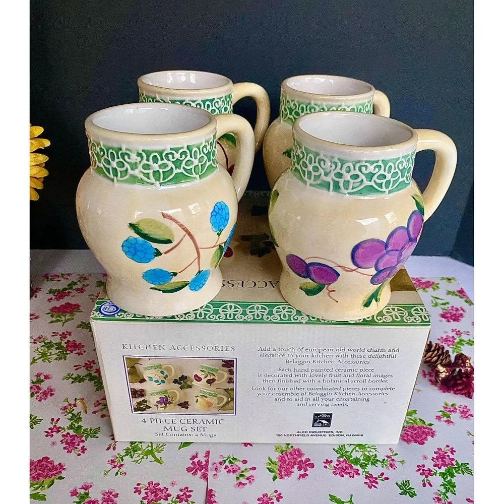 Alco Belaggio 4 mugs,‎ NEW, ceramic, mug set, 20 OZ, decorated w fruit/flowers